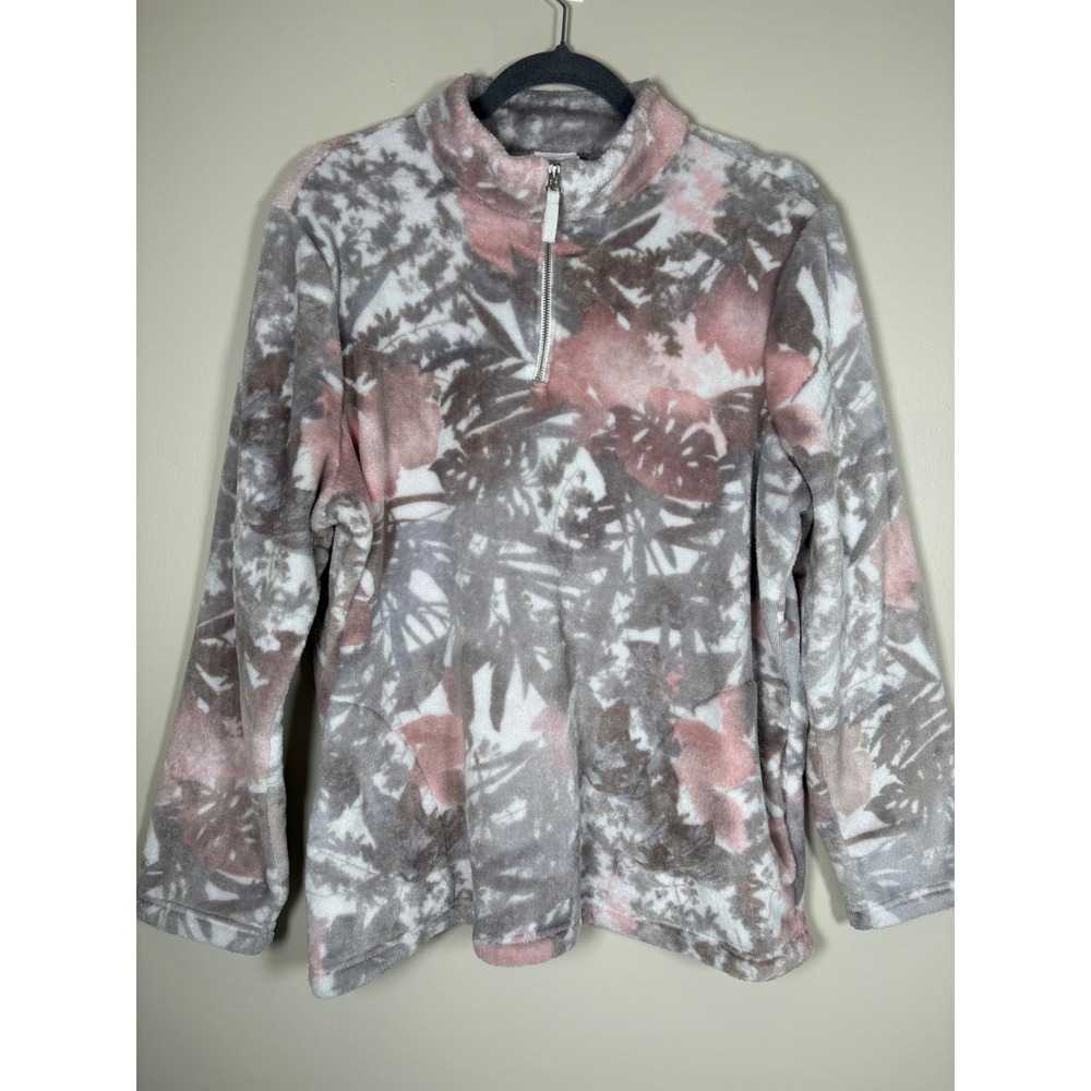 Weekends by Chicos Womens 2 US L Pink Grey Camo Floral Faux Fur 1/4 Zip Pullover